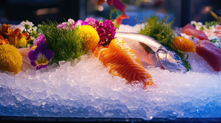 A variety of fresh fish and seafood arranged on crushed ice, glistening under market lights, showcasing vibrant colors and textures.の素材