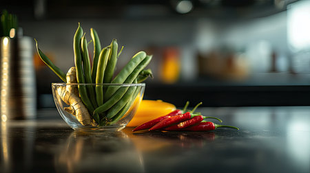 Yard-long beans in a glass bowl, arranged next to fresh ginger and chili, bringing a vibrant, healthy cooking atmosphere.の素材