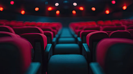 Wide, empty cinema with clean rows of seats and dim lights spacious yet quiet, waiting for viewersの素材