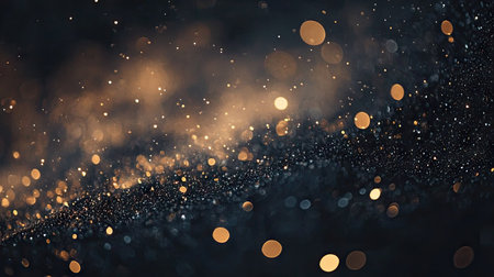 Abstract glitter bokeh with tiny sparkles in warm gold and silver, set against a dark background for added elegance.の素材