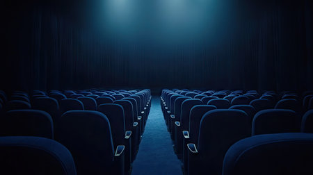 Dimly lit cinema with rows of blue seats facing forward, aisle visible serene ambiance in an empty theaterの素材