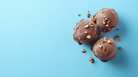 Chocolate-coated ice cream with bits of nuts, isolated on a cool blue background with light casting soft shadows.の素材