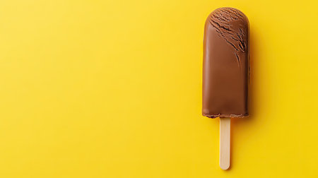 Chocolate ice cream bar with a shiny, rich chocolate coating, isolated against a pastel yellow background for contrast.の素材