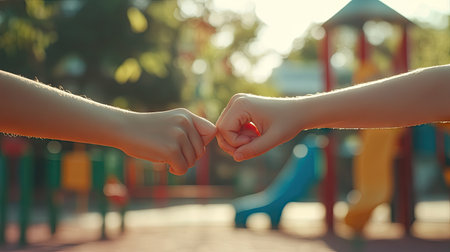 Children's hands hooking pinky fingers over a bright, sunny playground, representing innocent friendship and trust.の素材