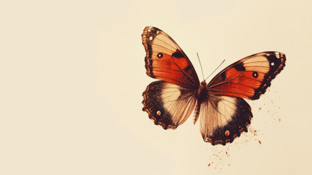 Butterfly with beautiful red and brown markings, isolated on a light cream background for a warm feel.の素材