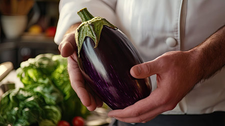 Chef holding a Dutch eggplant and preparing to slice it in a professional kitchen, with ingredients scattered around.の素材