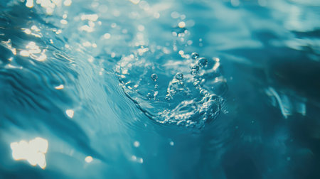 Close-up of air bubbles suspended in fresh blue water, moving upward in a pattern with soft ripples and natural lighting.の素材