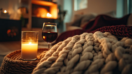 Close-up of a large wool knitted blanket with thick, chunky stitches in a cozy living room, with a glass of wine and a lit candle nearbyの素材