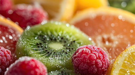 Close-up of fresh fruit ice pops made with water, featuring vibrant colors of kiwi, raspberry, and citrus, with condensation droplets.の素材