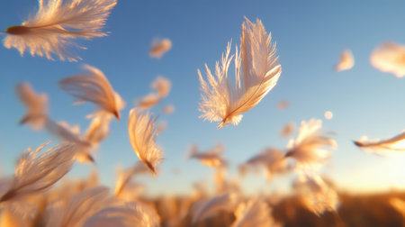 Close-up of delicate feathers gracefully falling against a background of clear blue sky, softly lit by warm sunlight.の素材