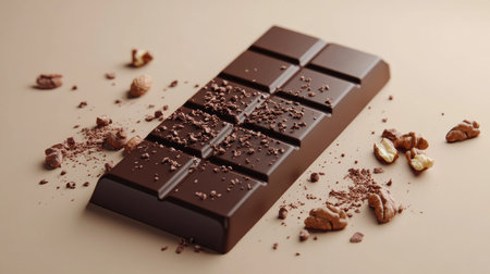 Chocolate ice cream bar with rich, dark chocolate coating and chopped nuts, isolated on a neutral beige background.の素材