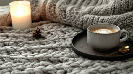 Close-up of a chunky wool knitted blanket in shades of grey, with a warm cup of coffee resting on a tray and a flickering candle nearbyの素材