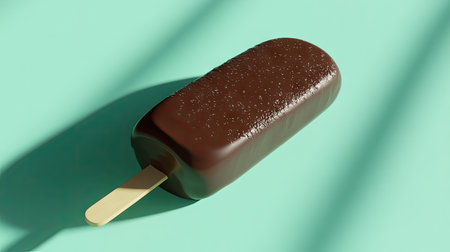 Chocolate-coated ice cream bar on a stick, isolated on a light mint green background with soft shadowing for depth.の素材