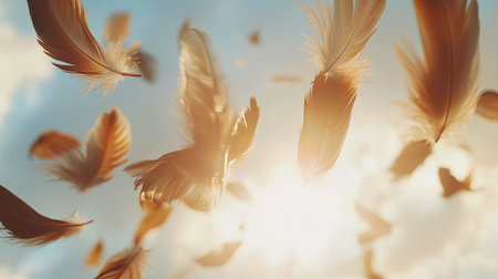 Close-up of feathers in soft focus, captured mid-fall against a backdrop of bright sky, the feathers suspended in gentle descent.の素材