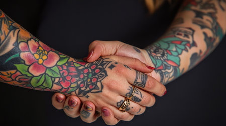 Close-up of hands hooking pinkies with tattooed arms, showing a promise between friends with personality and style.の素材
