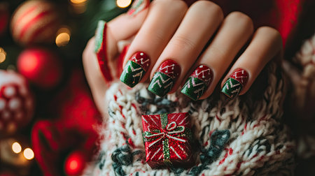 Close-up of Christmas-themed nail art with tiny gift box designs on red and green nails, set against a cozy backdrop of holiday decorationsの素材