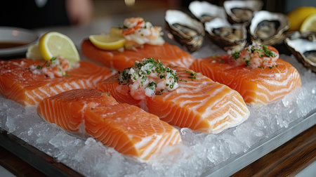 Close-up of fresh salmon fillets, shrimp, and oysters on a chilled bed of ice, creating an appealing seafood display.の素材
