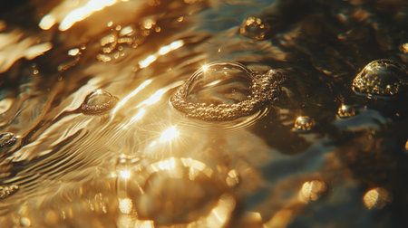 Close-up of water ripples with small air bubbles suspended, sunlight reflecting in each bubble, enhancing clarity and purity.の素材