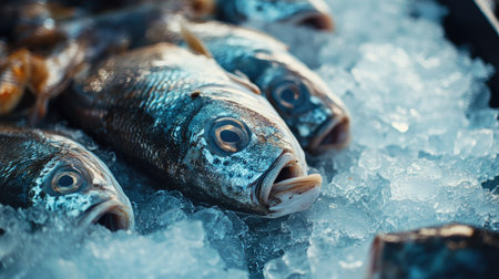 Close-up of freshly caught whole fish and shellfish on ice, with cool lighting that highlights their natural colors and freshness.の素材