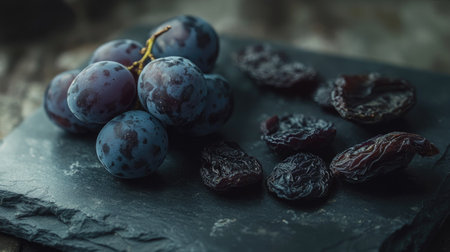 Close-up of fresh prunes beside dried prunes on a slate board, displaying their rich colors and textures under soft light.の素材