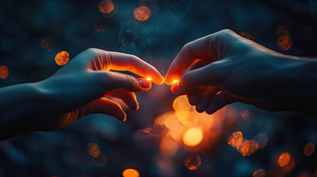 Close-up of two hands hooking pinky fingers by a campfire, glowing in warm, ambient light, symbolizing connection.の素材