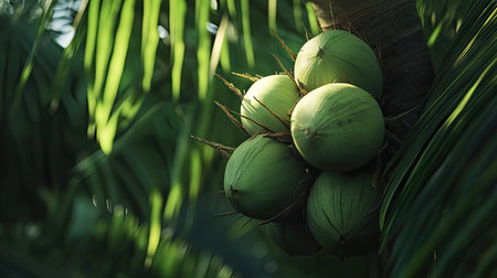 Close-up of fresh green coconuts in a bunch on a tree, capturing their texture and the surrounding tropical greenery.の素材