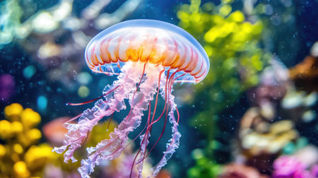 Close-up of a single jellyfish with a clear, glowing body and flowing tentacles in a large aquarium, with soft ambient lighting.の素材