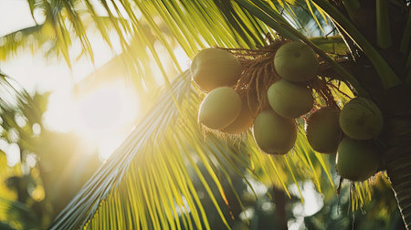 Cluster of green coconuts in various sizes hanging from a coconut tree, with sunlight dappling the green leaves.の素材