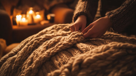 Close-up of hands knitting a large wool blanket, surrounded by yarn in warm tones, with a comfortable chair and soft lighting in the backgroundの素材
