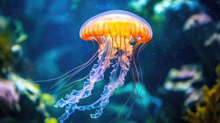 Close-up of a single jellyfish with a clear, bell-shaped body and flowing tentacles, floating in an aquarium with a moody background.の素材