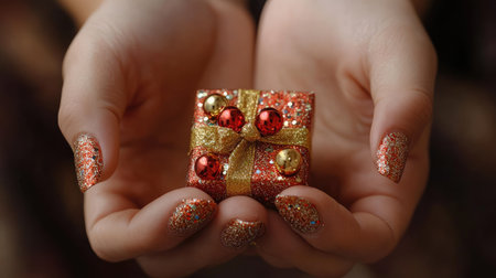 Close-up of hands with sparkly Christmas-themed nail art, featuring gold and red polish with festive ornaments, holding a small gift-wrapped presentの素材