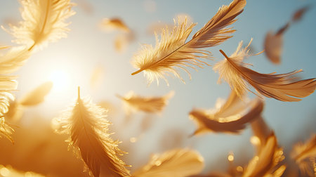 Close-up of delicate feathers gracefully falling against a background of clear blue sky, softly lit by warm sunlight.の素材