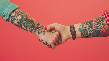 Close-up of hands hooking pinkies with tattooed arms, showing a promise between friends with personality and style.の素材