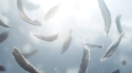 Close-up of feathers in soft focus, captured mid-fall against a backdrop of bright sky, the feathers suspended in gentle descent.の素材