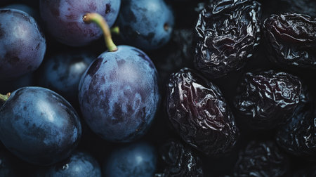 Close-up of fresh prunes and dried prunes, highlighting the smooth skin of fresh prunes and wrinkled texture of dried.の素材