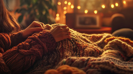 Close-up of hands knitting a large wool blanket, surrounded by yarn in warm tones, with a comfortable chair and soft lighting in the backgroundの素材