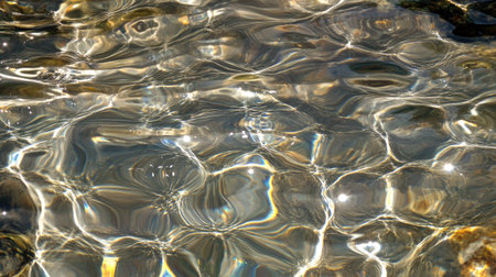 Crystal-clear water with gentle ripples and air bubbles rising, sunlight enhancing the sparkle and movement of each bubble.の素材