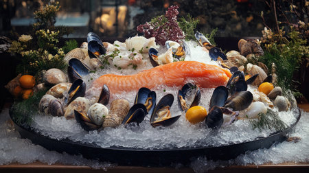 Ice-covered seafood display with mussels, clams, and fish, each item showing natural color and texture, perfect for cooking.の素材