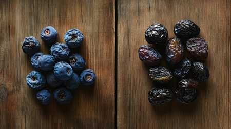 Fresh and dried prunes displayed side by side on a rustic wooden table, showing their rich colors and textures.の素材