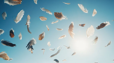 Feathers of various shades drifting in the air, suspended gracefully against a clear, serene sky with gentle sunlight.の素材
