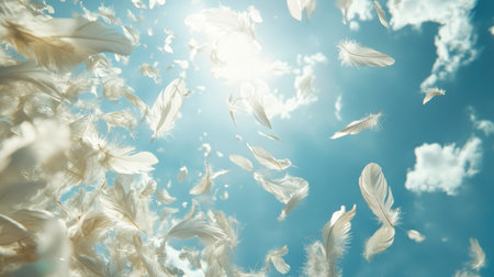 Light, airy feathers in various sizes falling in an endless blue sky, moving with an invisible wind in a poetic scene.の素材