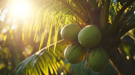 Fresh green coconuts on a swaying palm tree, with sunlight highlighting their smooth surfaces and vibrant color.の素材