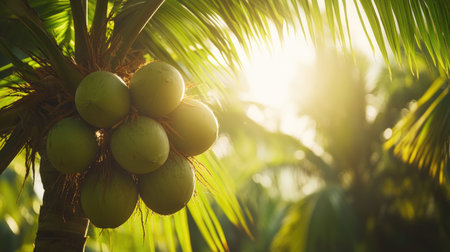 Fresh green coconuts in bunches on a tropical palm tree, with bright sunlight highlighting their glossy skins.の素材