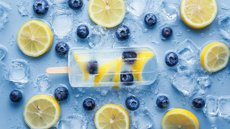 Lemon and blueberry ice pops made with water, placed on ice cubes with lemon slices and fresh blueberries around.の素材