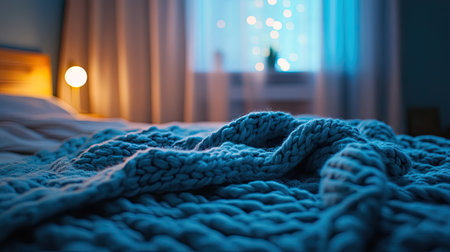 Large wool knitted blanket in soothing shades of blue, spread across a bed with soft lighting, creating a calming and serene bedroom atmosphereの素材