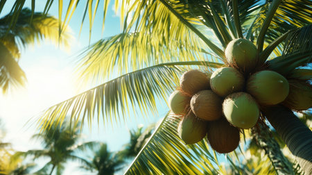 Green coconuts clustered on a coconut tree against a background of palm fronds and bright blue sky.の素材