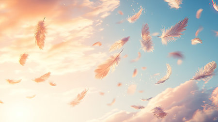 Elegant feathers in motion, slowly falling through a crisp morning sky with light, fluffy clouds scattered in the distance.の素材