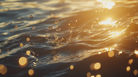 Fresh, transparent water with small waves and tiny bubbles floating up, with sunlight creating a soft glow on each bubble.の素材
