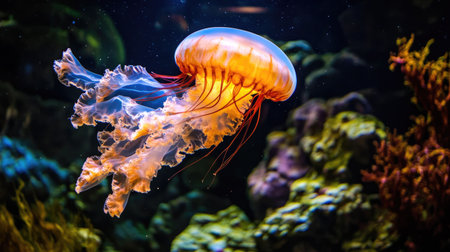 Ethereal, clear-bodied jellyfish gracefully floating in a large aquarium tank, creating an otherworldly underwater atmosphere.の素材