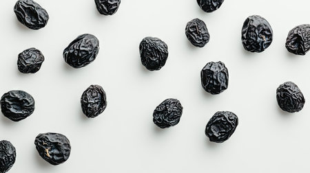 Fresh and dried prunes in a minimalistic setup with a white background, each highlighting their unique textures and colors.の素材